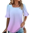 thumbnail image 2 of Ruffle Sleeve Shirts for Women Square Neck Gradient Short Sleeve Blouses Going out Tops Casual Loose Basic Tees (M, Pink 2), 2 of 6