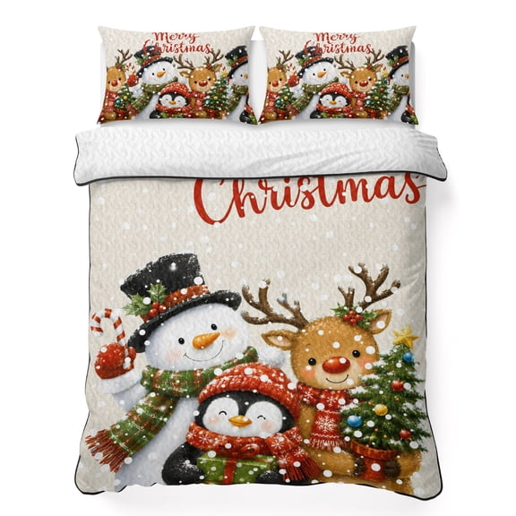 Quilts King Size Bedding Set, Christmas Lightweight Quilted Comforter, Xmas Snowflake Pine Tree Snowman Elk Penguin Winter Reversible Bedspread Coverlet with Pillow Covers for All Season, 96" x 106"