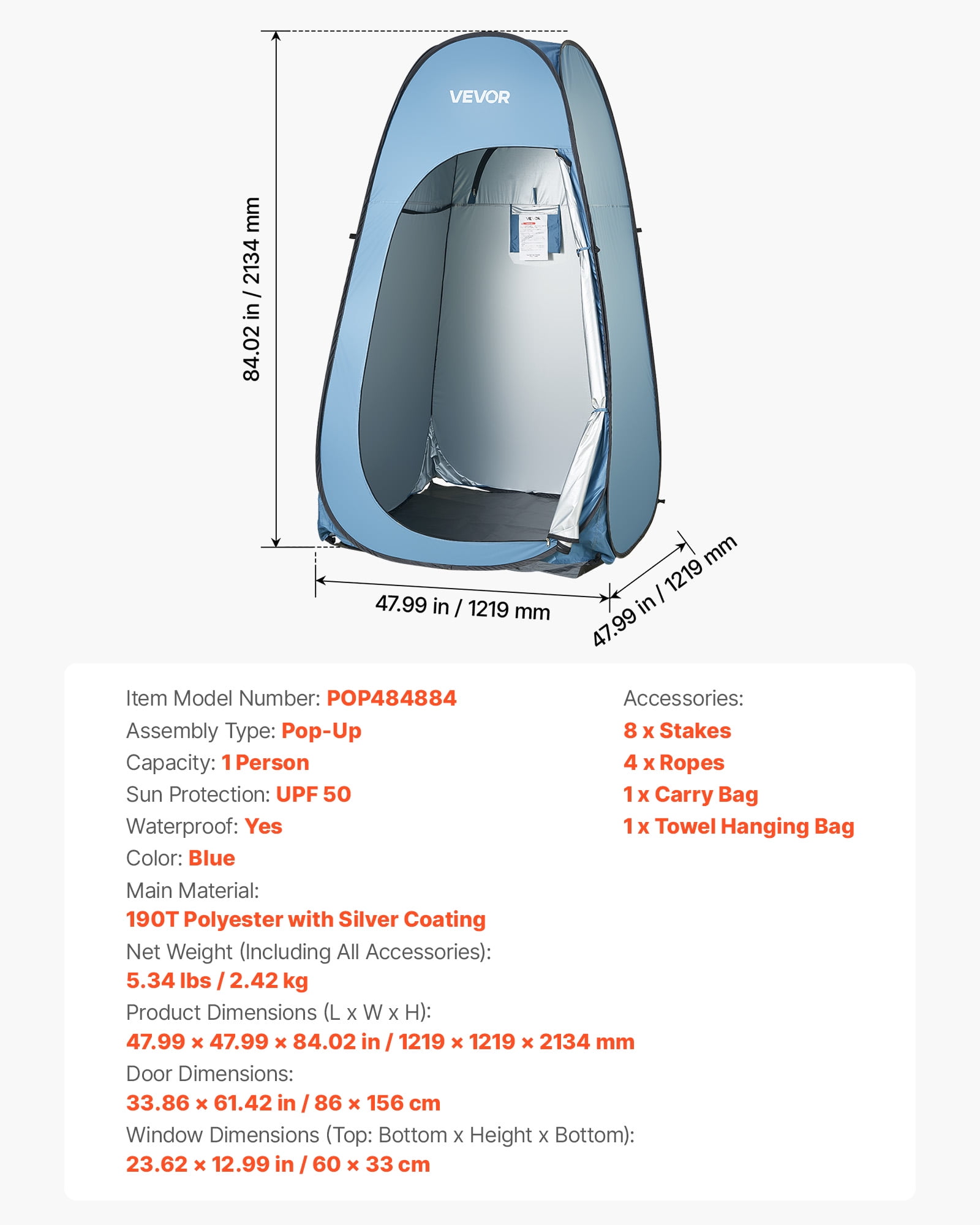 VEVOR Pop up Shower Tent, Instant Portable Privacy Tent Changing Room with Hanging Bag, Ground Stakes, Ropes, Carry Bag, 190T Polyester with Silver Coating, Quick Setup, for Camping, Beach, Fishing