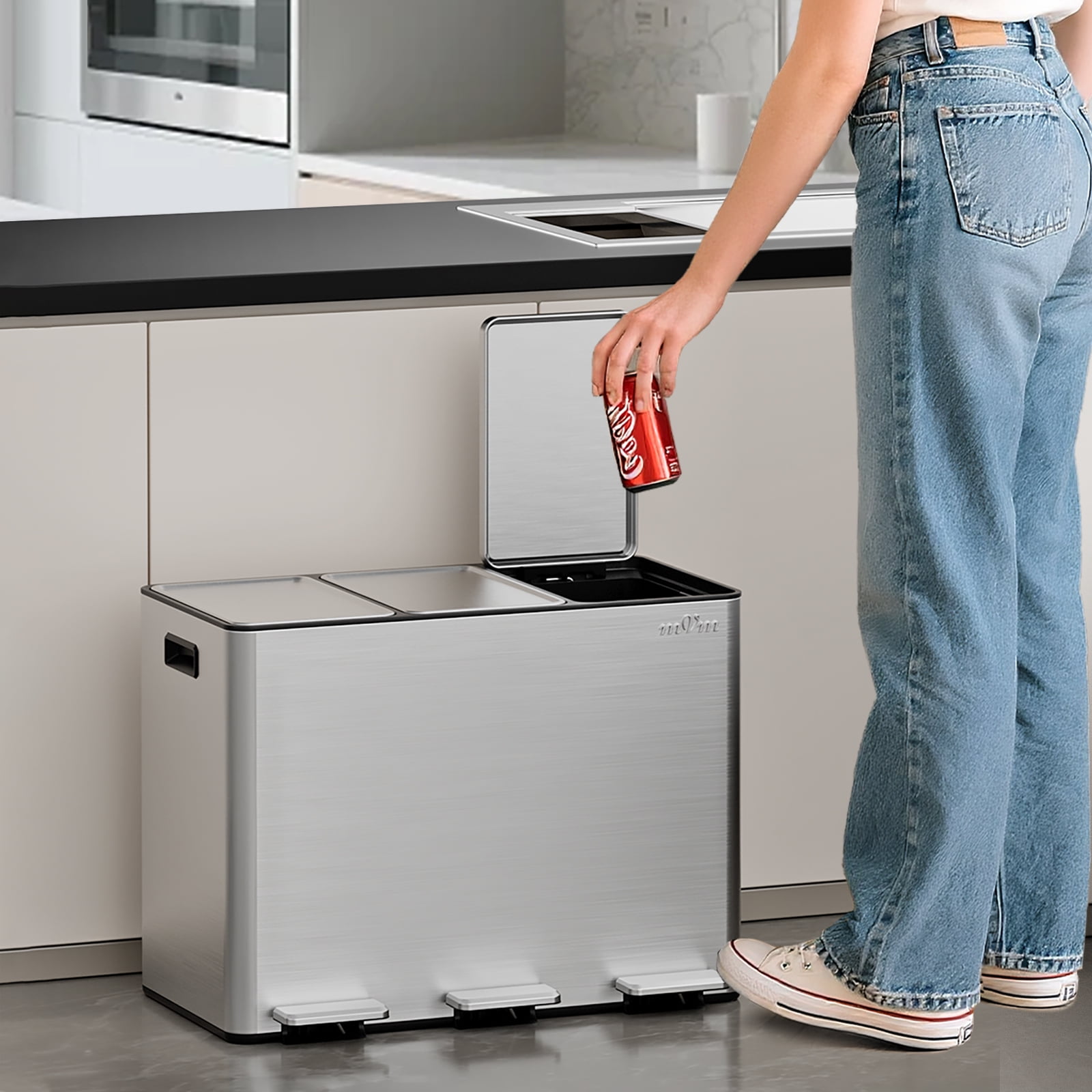 mVm 12 Gal Stainless Steel 3 Compartment Trash Can, Triple Step Trash Can with Steel Lids, Modern Kitchen Office Garbage Can(Silver)