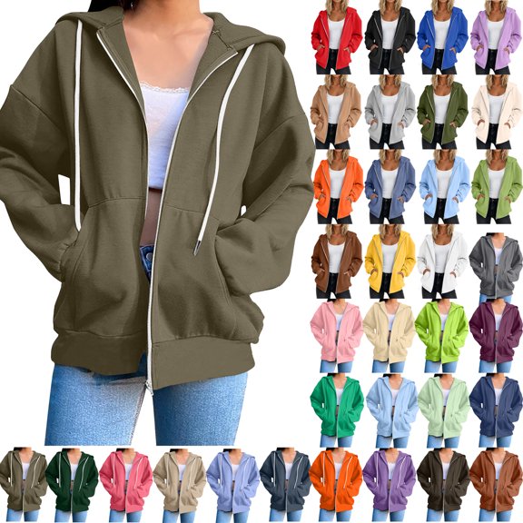 Women's Fashion Sweatshirt Loose Long Sleeve Casual Zipper Pocket Hooded Army Green Winter Clothes 2025 S-2XL