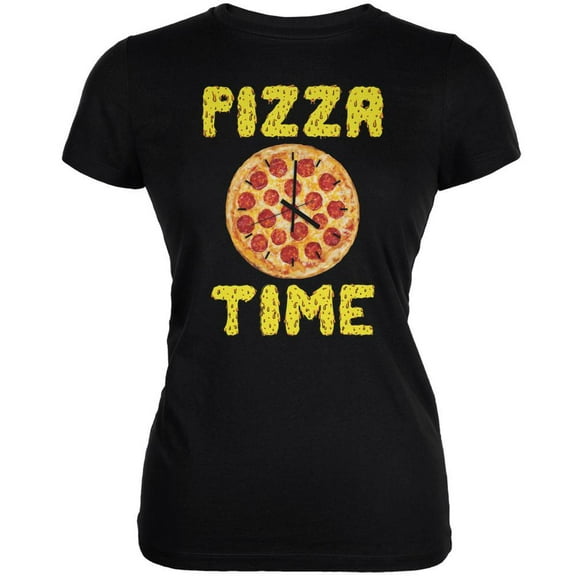 Pepperoni Pizza Time Clock Black Juniors Soft T-Shirt - X-Large
