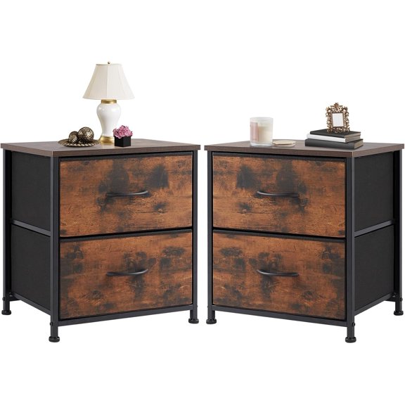 Rust Nightstands Set of 2 with Two Drawer Side Tables Living Room 2 Drawer Dresser Bedroom End Bedside Table Cabinet with Storage Night Stand, Wooden Top Metal Frame Handle, 20'' Tall
