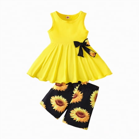 Linfrsh Toddler Kid Girl Summer Outfits 2Pcs Clothes Set Strawberry Print T-Shirt and Denim Shorts Play Set(Yellow 5-6 Years)