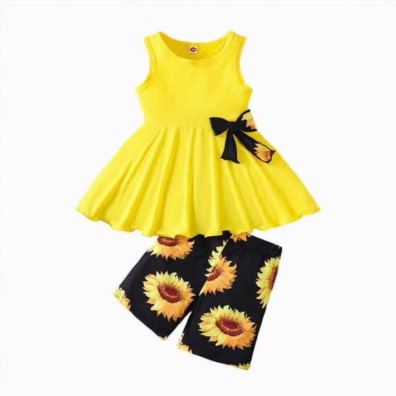 Linfrsh Toddler Girls Clothes 1T 2T 3T 4T 5T Summer Outfits Baby Kids Short Sleeve T-Shirt Tops & Shorts Sets(Yellow,4-5 Years)