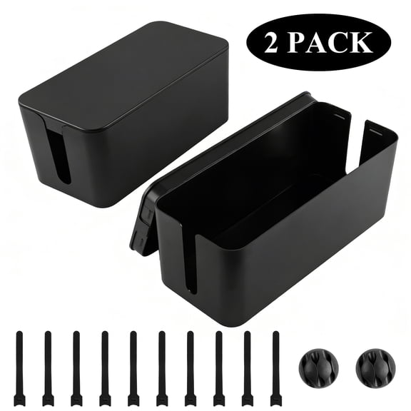 Aovky 2 Pack Large Cable Management Box, Plastic Cord Organizer Box to Hide Power Strip & Under Desk Wires, Cable Organizer with Cable Clips & Cable Ties for TV, Computer, Home & Office, Black