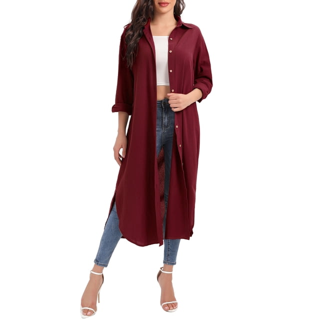 Vestido de camisa informal de vacaciones de manga larga con botones de camisas largas de talla CACAGOO Camisa de vestir