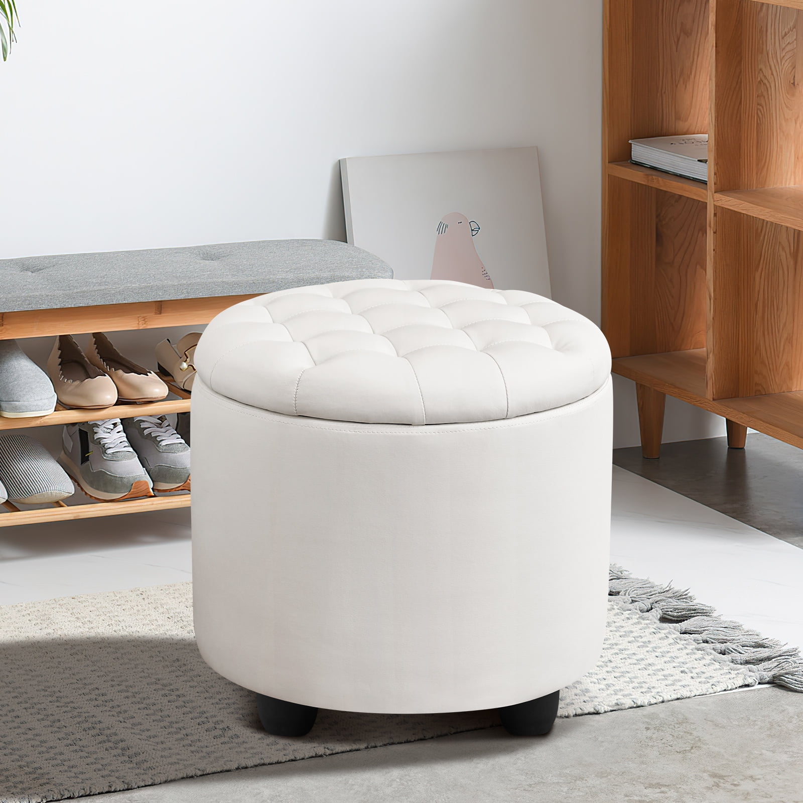 Furniliving Modern Round Storage Ottoman Tufted Footrest Stool Ottoman Bench for Living Room, Bedroom and Office, Faux PU-IvoryWhite