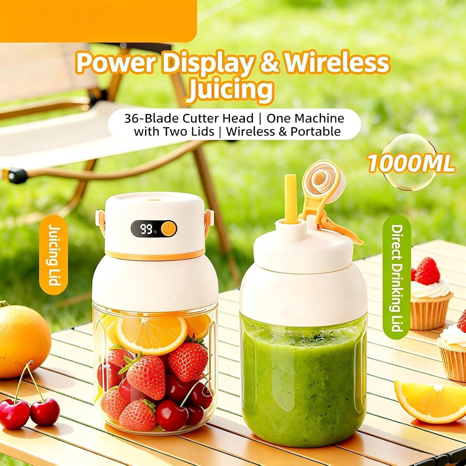 Portable Electric Juicer Cup with Zero Cord Hassle,Wireless Personal Juicer Cup USB Rechargeable Blender,Leakproof Lid,40 Seconds,for Shakes and Smoothies(1000ML)