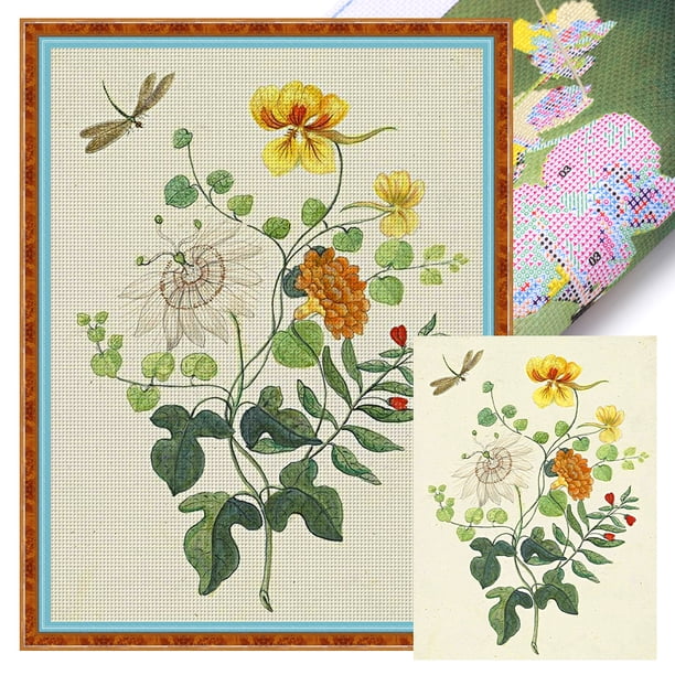 Kit Punto Cruz Con Flores Impresas Hilo Algodón Ecológico Bordado 11CT 30x40cm