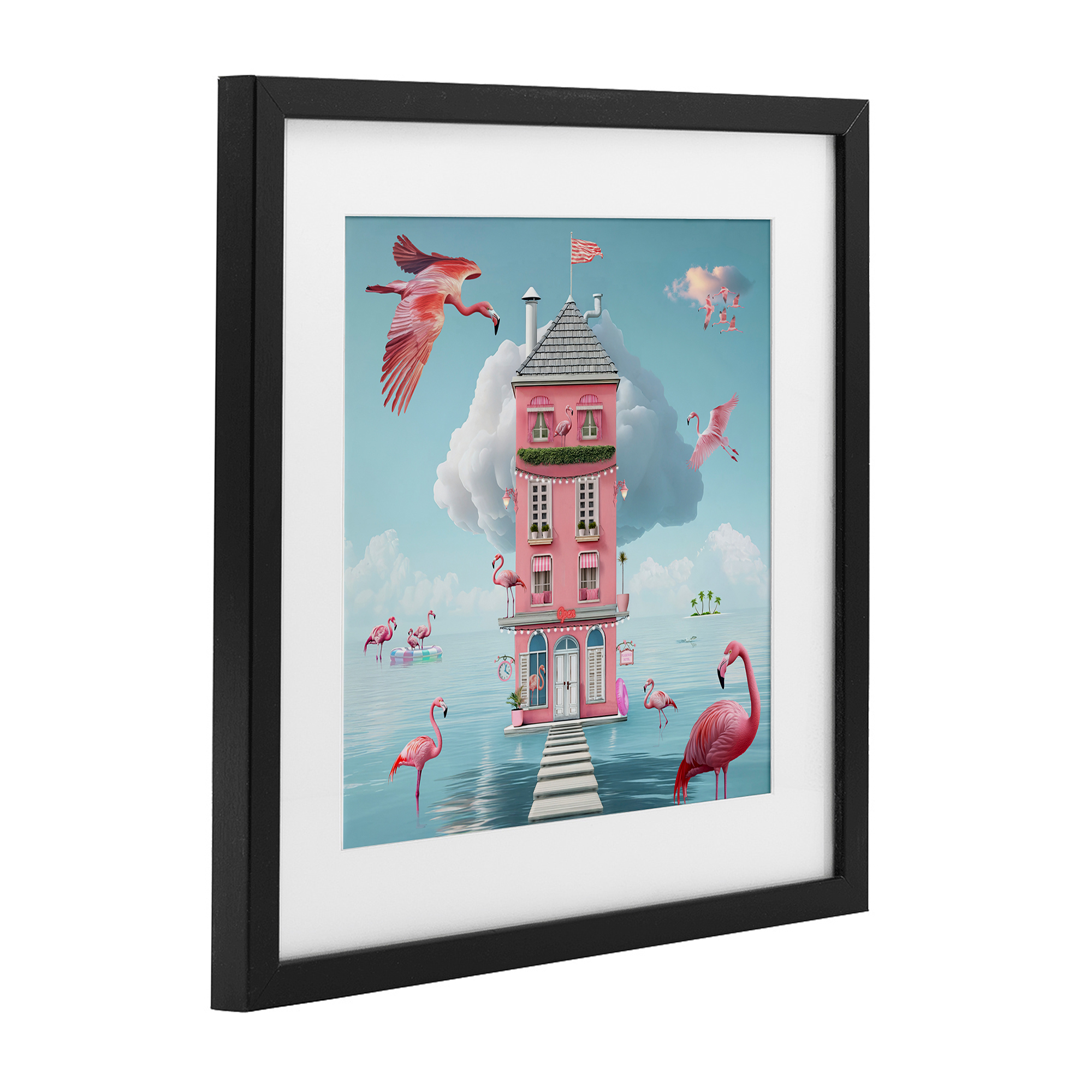 Flamingo Hotel on Water Black Framed Print Under Glass, design by Lori Lea Studios