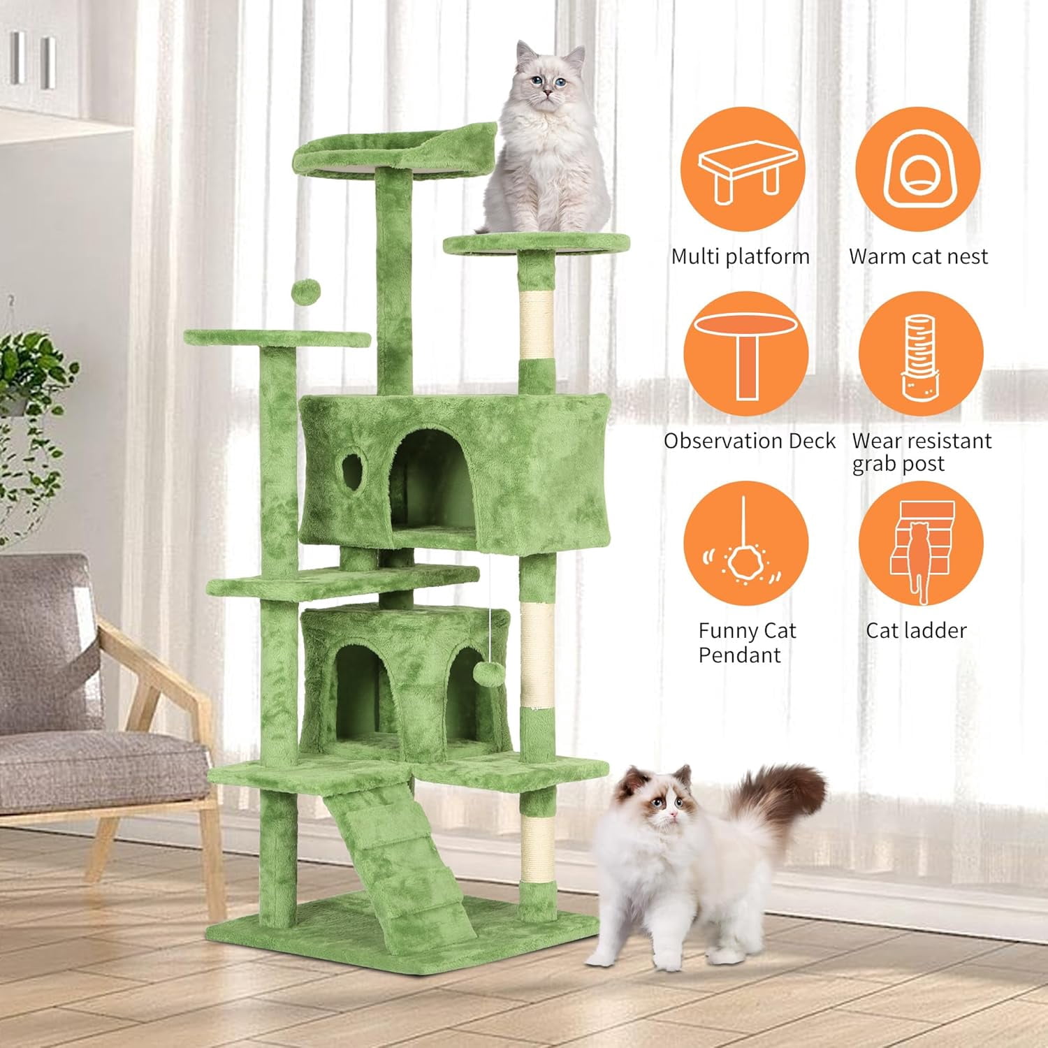 54 inch Cat Trees and Towers for Indoor Cats, Cat Condo Scratching Post for Adult Cats, Multi-Level Cat Towers for Small Cats, Green