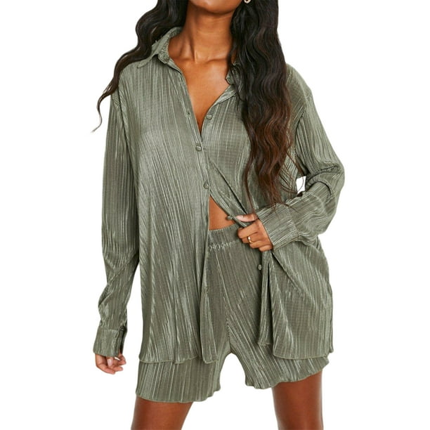 SAYOO , conjunto de ropa informal de 2 uds para mujer, camisas de manga larga fruncidas de color sólido con botones y pantalones cortos, traje SAYOO casual