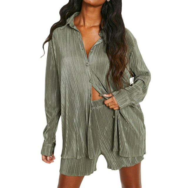 TheFound Women Casual 2 Pcs Clothes Set Solid Color Ruched Long Sleeve Button Down Shirts with Shorts Suit