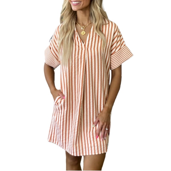 Women's Brown Stripe V Neck Shift Mini Dress – Casual Summer Style with Turn-up Cuffs, XL