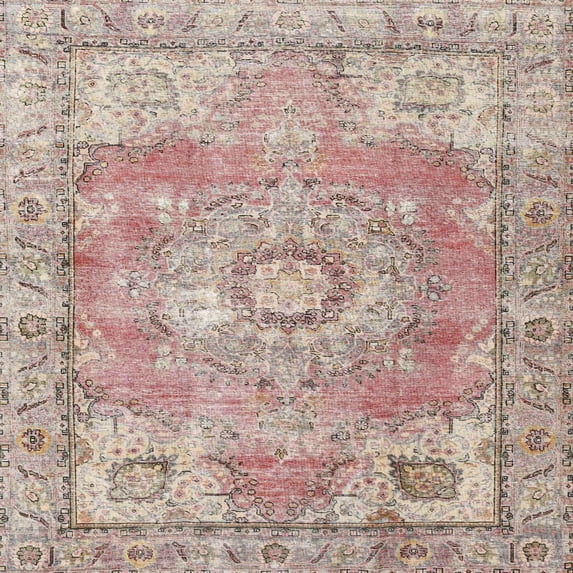 Ahgly Company Indoor Square Traditional Orange Salmon Pink Medallion Area Rugs, 3' Square