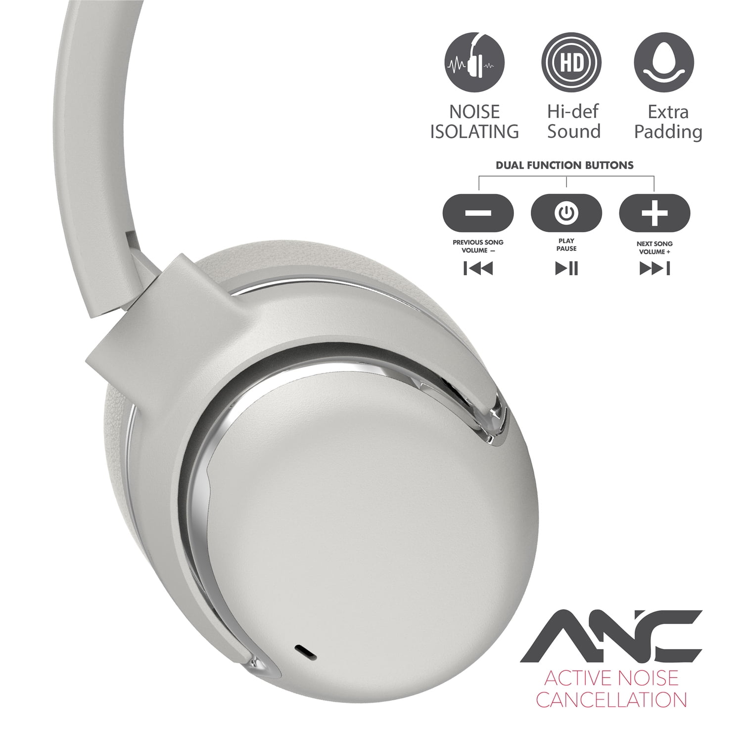 RCA WAVE-76 Audixa Bluetooth Flat-Folding On-Ear Headphones with Mics, ANC, On-Ear Controls, 3D Earpads, up to 12 Hours Play Time , Silver