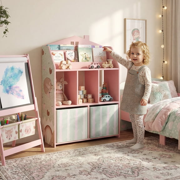 Qaba Kids Bookshelf with Toy Storage, Children's Bookcase with Book Display, Shelves and Fabric Drawers, Toy Organizer for Playroom and Nursery, Pink
