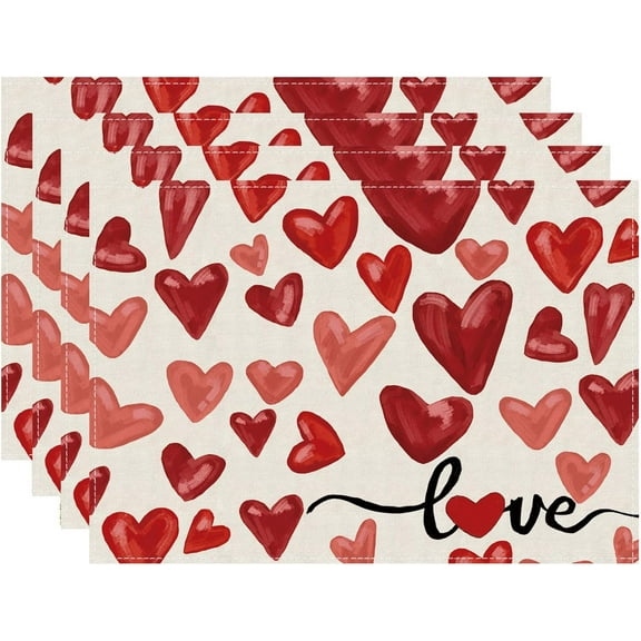 Valentines Day Watercolor Red Love Hearts Cloth Placemats Set of 4 Table Mats Table Decorations 12x18 Inch