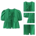 thumbnail image 4 of Puff Short Sleeve Peplum Top Sweet Womens Spring Crop TopSolid Neck Blouses Casual Loose Shirt Gifts, 4 of 10