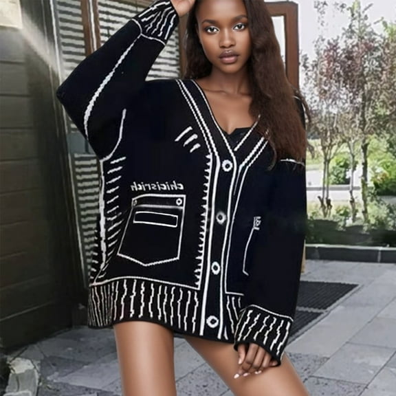 Jacenvly Cardigans For Women Trendy Long Sleeve Contrast Collar Knit Fall Sweater Soft Warm Long Coat Tops Loose Casual Pocket Button Jacket Blouse