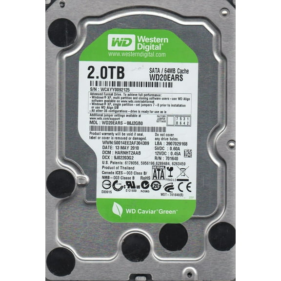 WD20EARS-00J2GB0, DCM HARNHT2AAB, Western Digital 2TB SATA 3.5 Hard Drive