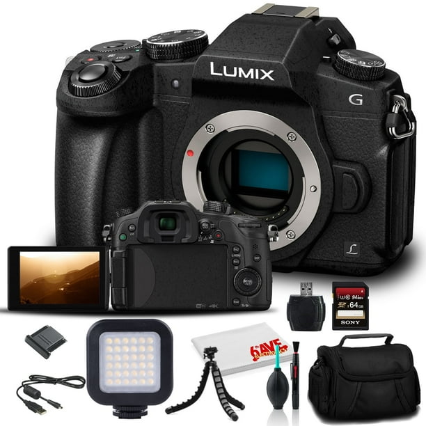 Cuerpo Cámara Dig. sin Espejo Panasonic Lumix DMC-G85 Solamente (Caja Kit) (DMC-G85MK) - Bolsa - c/ Tarjeta Mem. 64 Gb + Luz Vid. LED + Bat. DMW-BLC12 + Bolsa Blanda + Trípode Flex. 12 Pulg. + Más