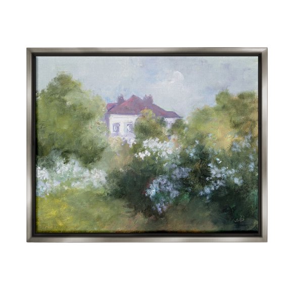 Stupell Industries Garden Cottage Villa Landscape Painting Gray Floater Framed Canvas Art Print Wall Art, 31 x 25