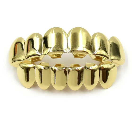 Gold Hip Hop Teeth Grillz - Dance Costume Accessory, Adjustable Fit, Party Jewelry, Shiny Gold Plated, Fashion Dress-Up, Holiday Party Look, Christmas, Thanksgiving, 1 Set