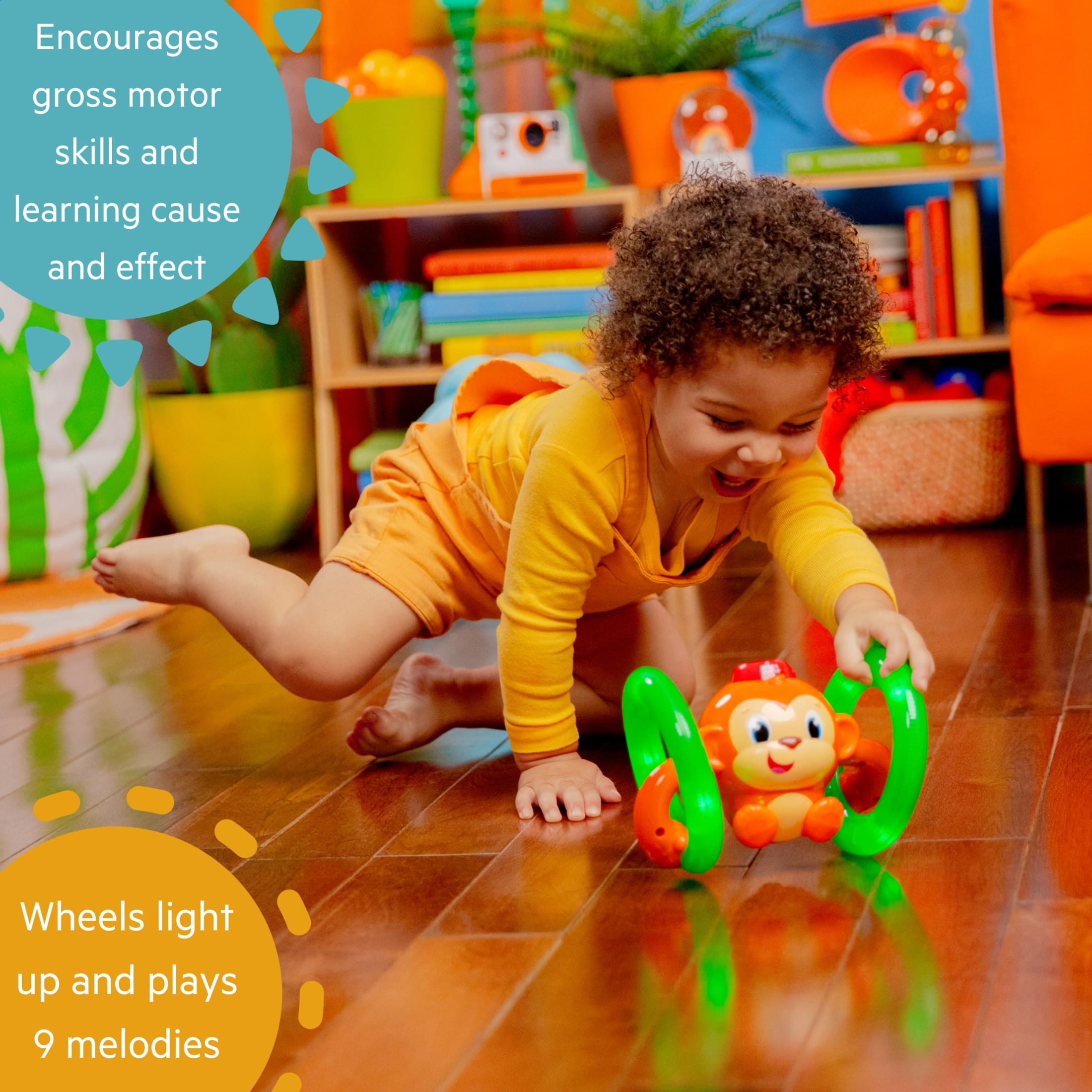 Bright Starts Roll & Glow Monkey Baby Toy with Lights and Melodies, Ages 6 Months +