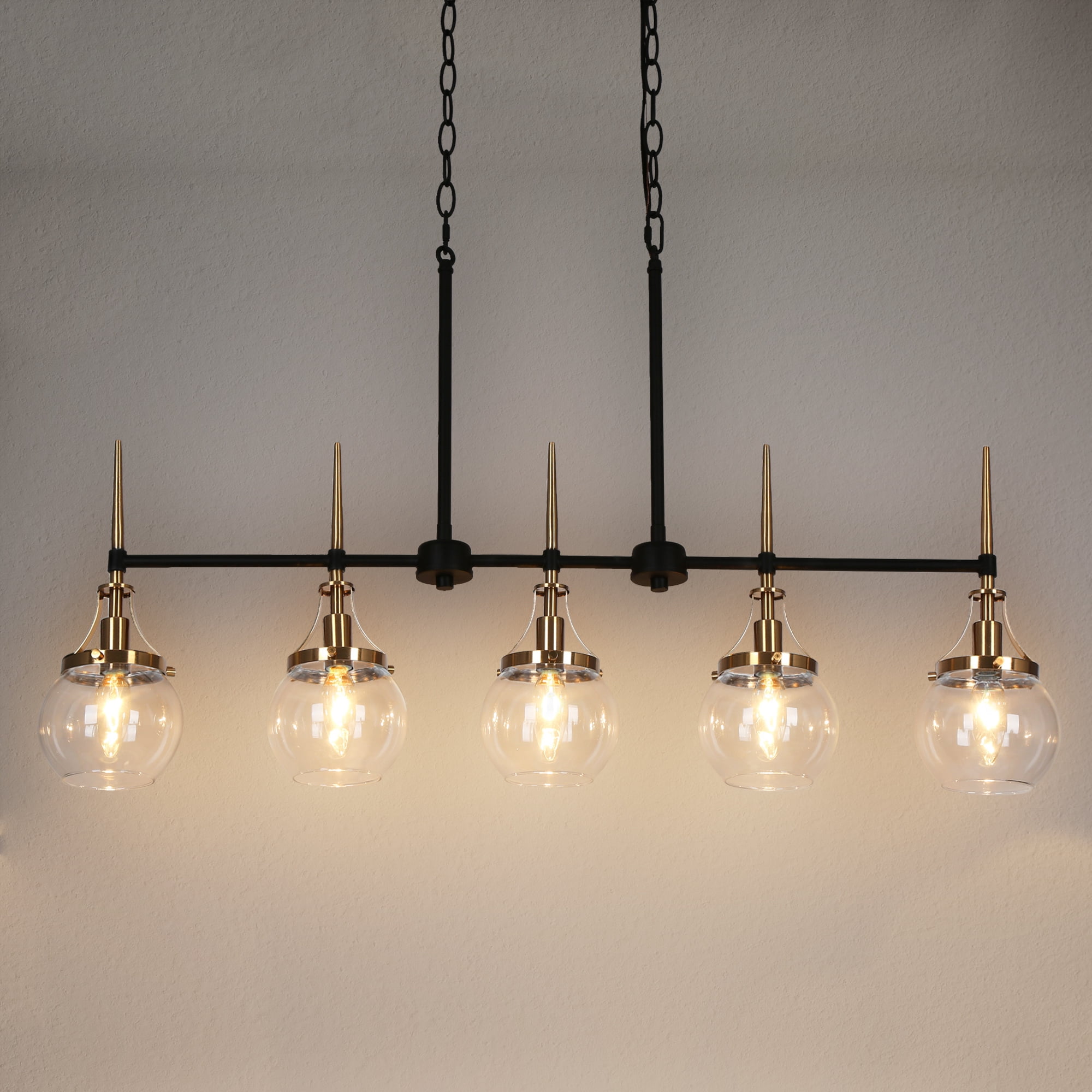 LNC Modern 5-Light Linear Chandelier with Clear Globe Glass Shades, Black and Brass Finish