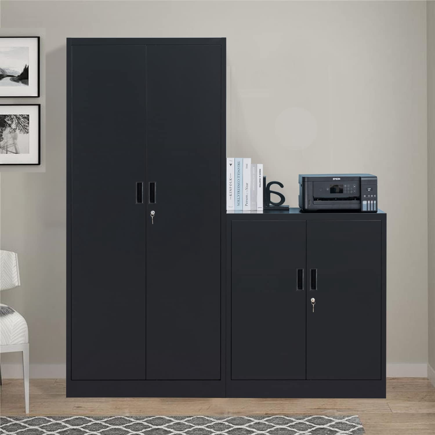 AINUO Black Locking Metal Storage Cabinet with Doors and Adjustable Shelves, 36.2" H x 31.5" W x 15.7" D Steel Lockable Cabinet for Home Office, Garage, Utility Room and Basement