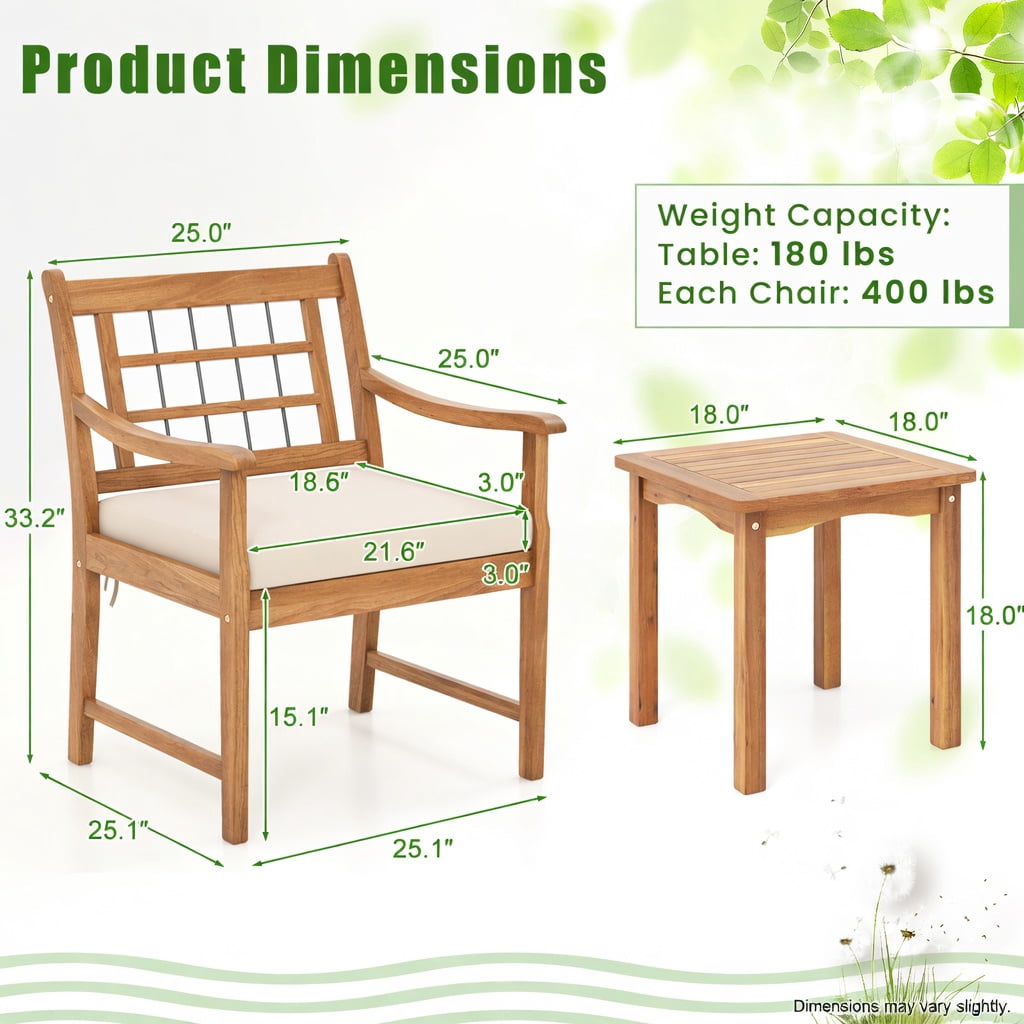 Hommoo 3-Piece Acacia Wood Patio Furniture Set, Outdoor Chair Set with Ergonomic Slatted Design & Matching Coffee Table for Backyard, Poolside, Balcony, White