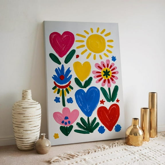 Velto Sunshine Heart and Flower Canvas Wall Art Cheerful Colorful Nursery Artwork Bright Whimsical Decorative Artwork, SIZE 8x10 INCLUDE Pine Wood Frame 1.25-Inch