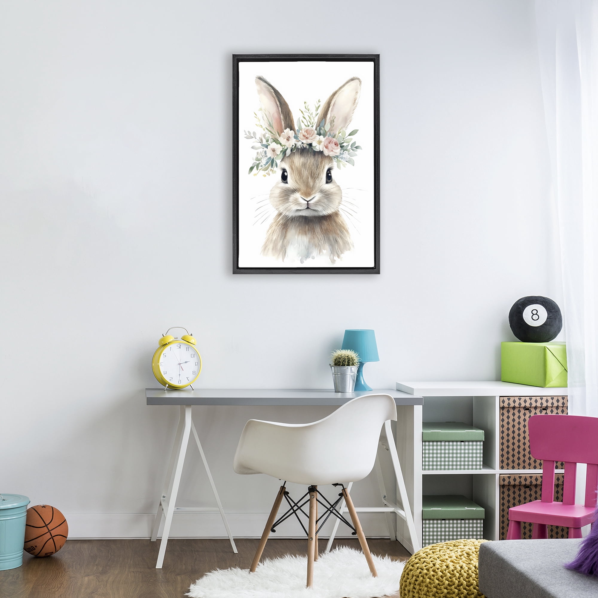 Stupell Industries Flower Adorned Baby Rabbit Black Framed Floater Canvas Wall Art, design by Creative Studio