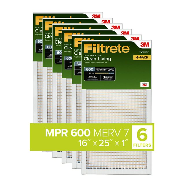 Filtrete 16x25x1 Air Filter, MPR 600, MERV 7, Clean Living Dust Reduction 3-Month Pleated 1-Inch Air Filters, 6 Filters