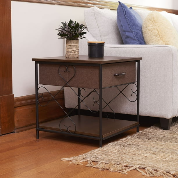 Household Essentials End Table with Drawer in Walnut and Black Metal