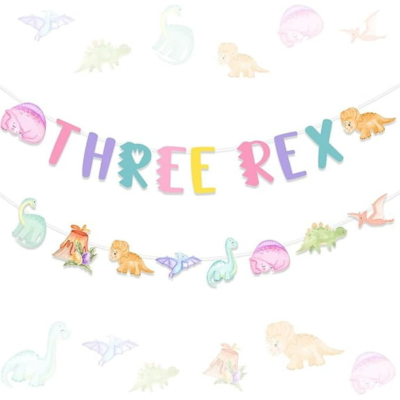 Dinosaur 3rd Birthday Banner Garland Decorations for 3 Year Old Girl, Three Rex Dinosaur Theme Birthday Banner Pastel Macaroon Bday Party Supplies Decors