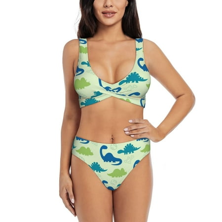 Zeuib Cute Dinosaur Blue Green High Waisted Tummy Control Bikini Set - Knot Front Push Up Top & Cheeky Thong Bottom  Two-Piece Swimsuit for Women-Small
