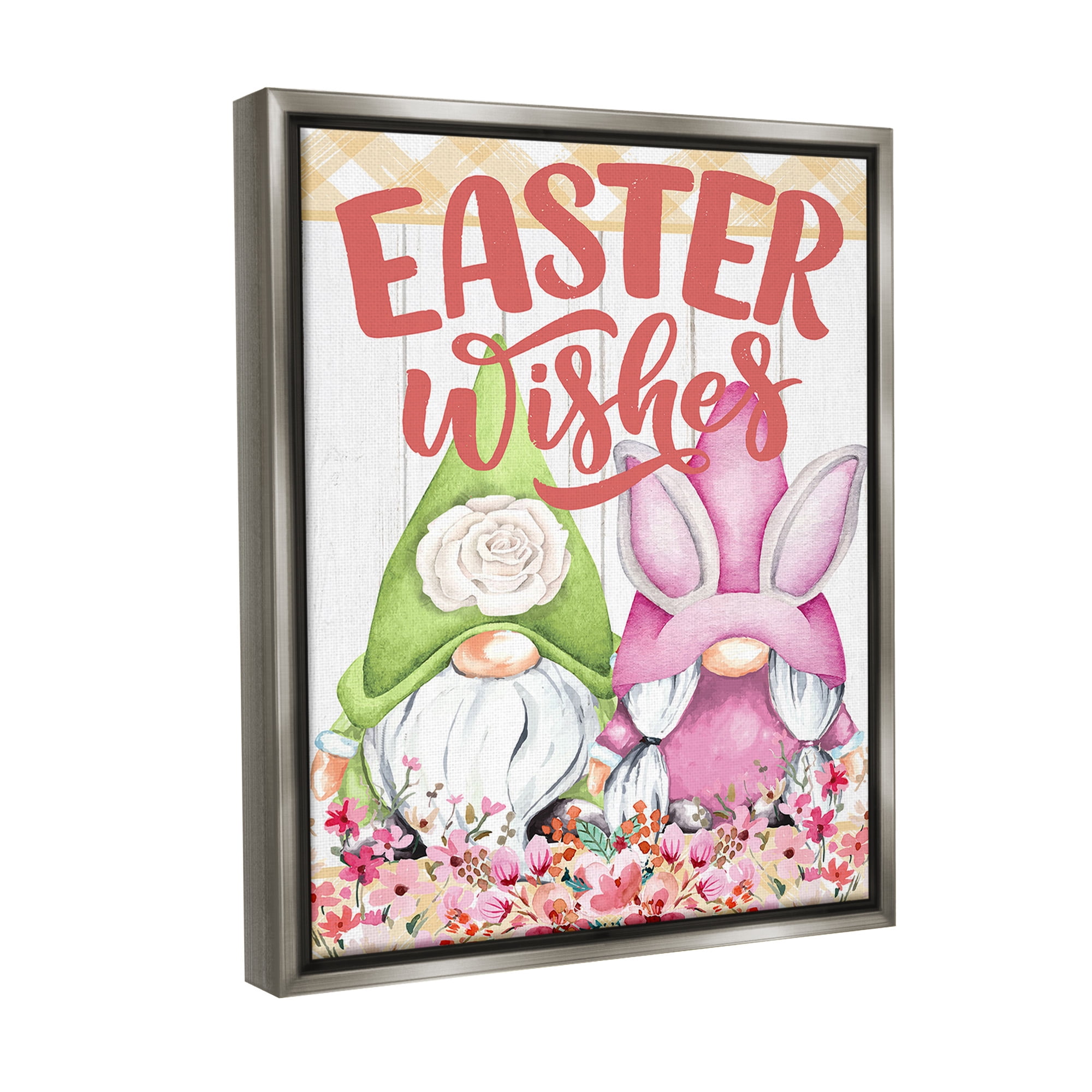 Stupell Industries Easter Wishes Gnomes Holiday Painting Gray Floater Framed Canvas Art Print Wall Art, 25 x 31