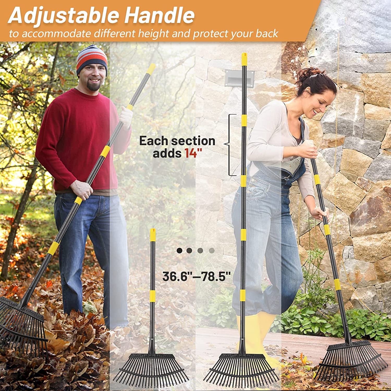 Garden Rake - Large Leaves Rakes for Gardening - 25 Metal Tines 18" Wide - 78" Long Handle Leaf Rakes for Lawns Heavy Duty for Yard Lawn Shrub Garden Beds