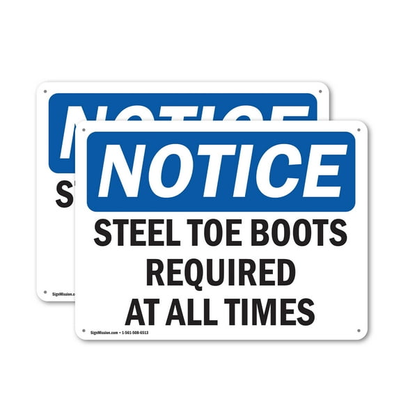 (2 Pack) Steel Toe Boots Required At All Times OSHA Notice Sign 24 Inch X 18 Inch Plastic Sign, Weather Resistant, UV Protected for Workplace, Business, and Construction Site, Made in