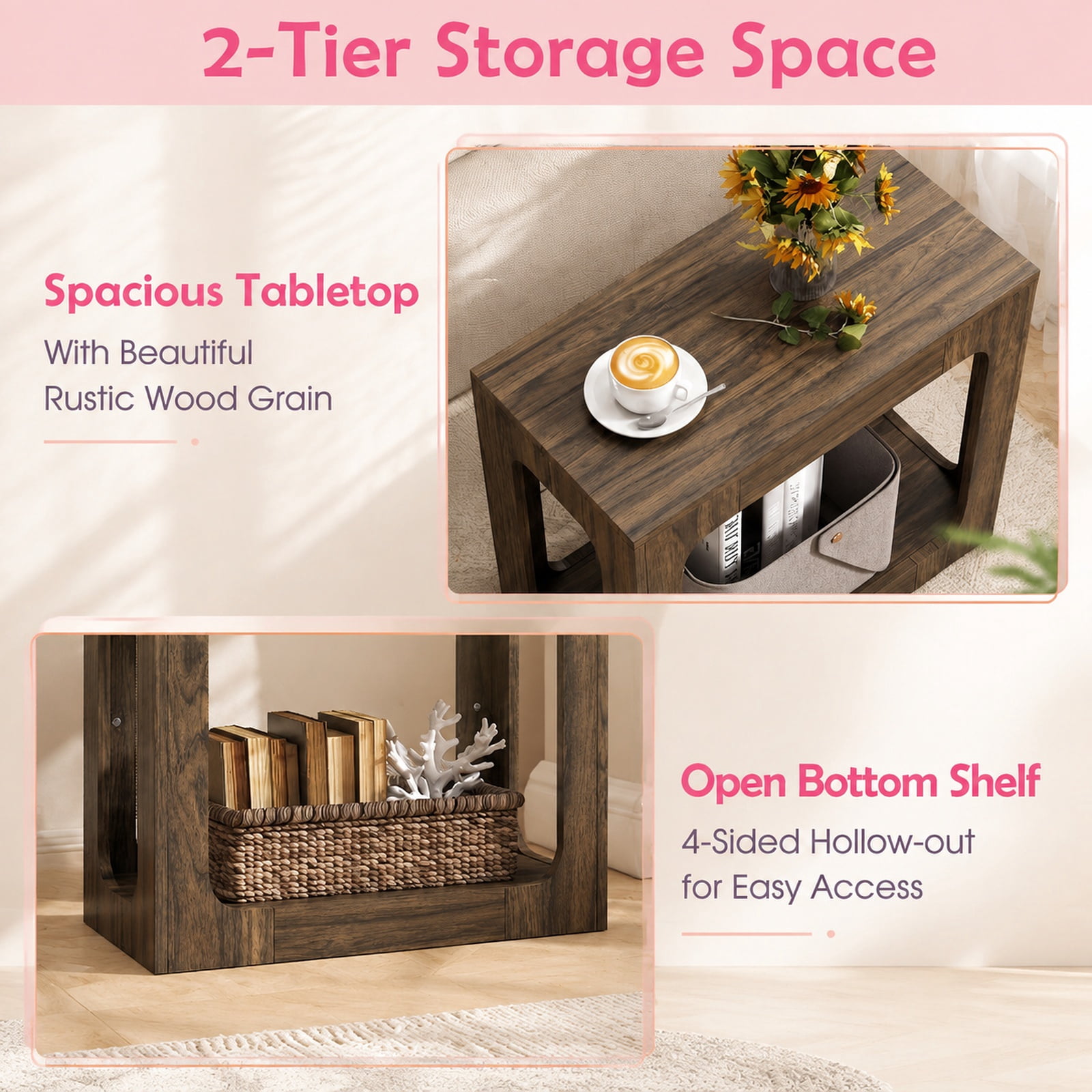 Furnibear 2 Tier End Table with Storage Shelf and Rustic Wood Grain Top for Living Room Bedroom and Sofa Side Accent Space, Oak