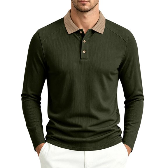 Mfakffe Men's Polo Shirts Classic Long Sleeve Golf T Shirt Fall Winter Big and Tall Lapel Collar Tops Work Cotton Tees (Army Green, 3XL)