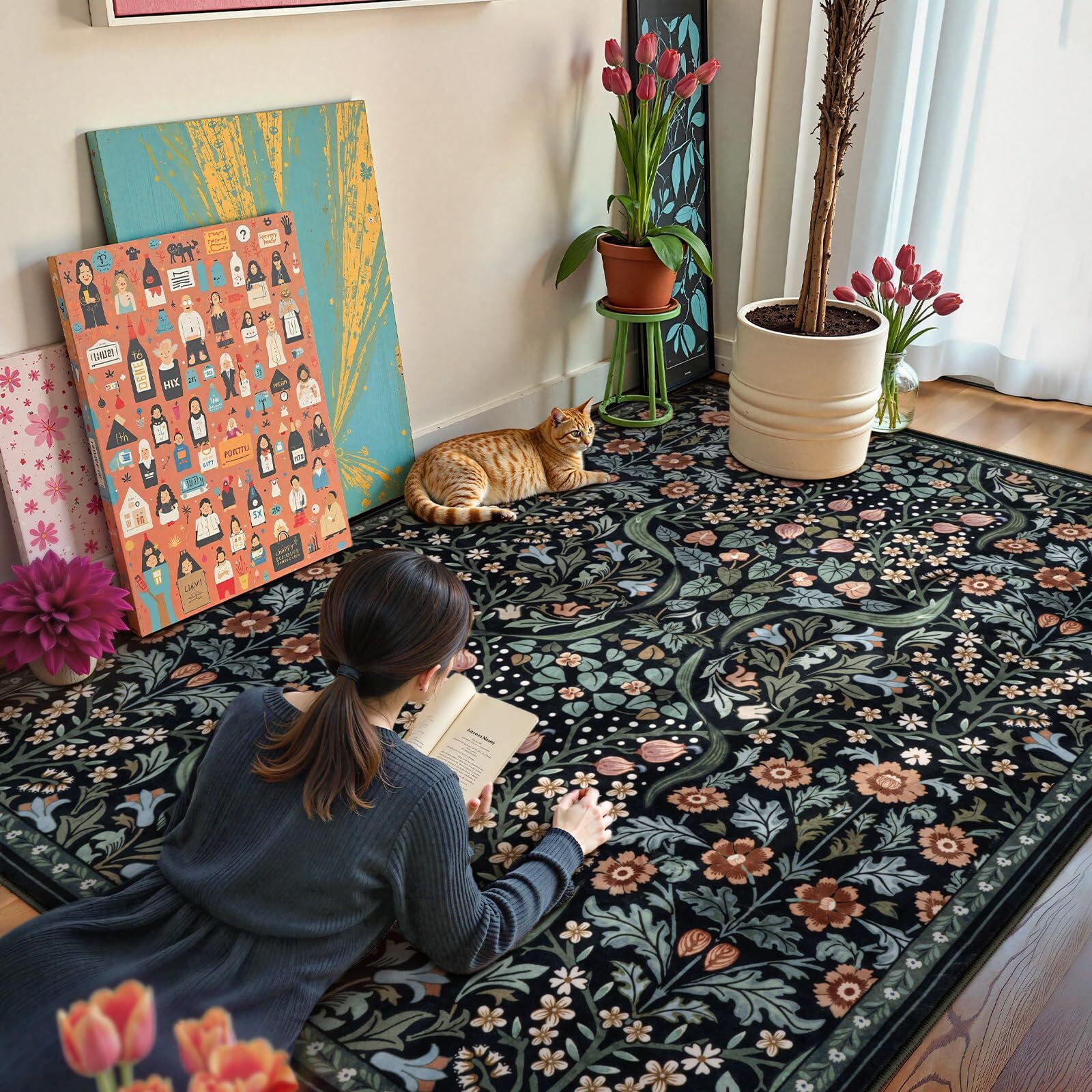 Lahome Floral 5'x7' Living Room Area Rug, Soft Washable Rugs for Bedroom, Non Slip Ultra Thin Boho Rug Botanical Stain Resistant Floor Carpet for Dining Room Home Office, Black