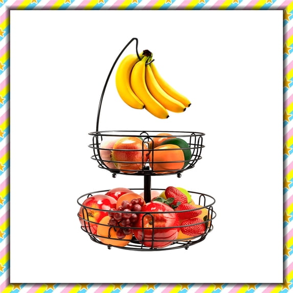 2 Tier Metal Wire Fruit Baskets with Banana Hanger, Detachable Storage Basket for Kitchen Counter in Black