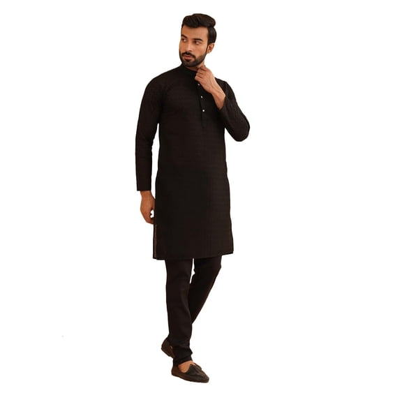 Sojanya (Since 1958) Silk Chikankari Kurta & Churidaar Pyjama Large Black