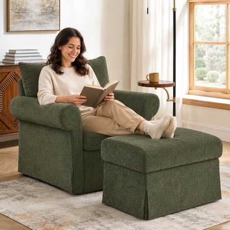SESSLIFE Accent Chair with Ottoman, 37.5" W Chenille Upholstered Lounge Chair with Movable Ottoman Set, Comfy Reading Armchair for Living Room Bedroom, Green