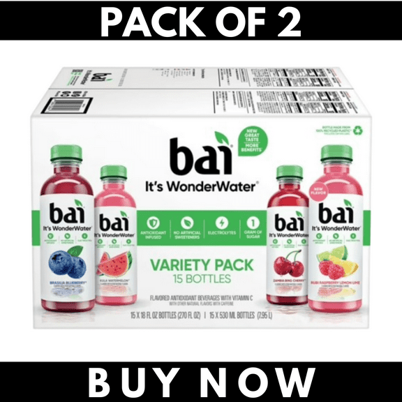 Bai WonderWater Variety Pack, 15 Bottles, 18 oz Each – Flavored Antioxidant Water, Pack of 2
