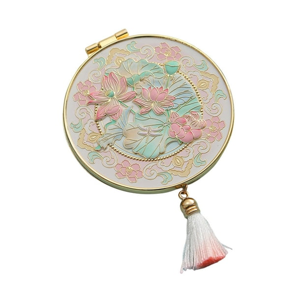 Espejo de maquillaje con borla, espejo de bolsillo plegable y portátil clásico, ideal como regalo navideño. Rosa